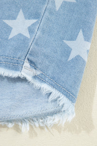 Raw Hem Star Collared Neck Denim Top