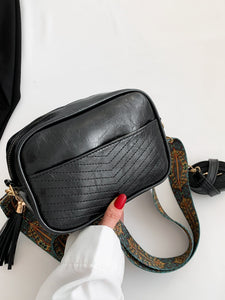 Tassel PU Leather Printed Strap Cassette Crossbody Bag